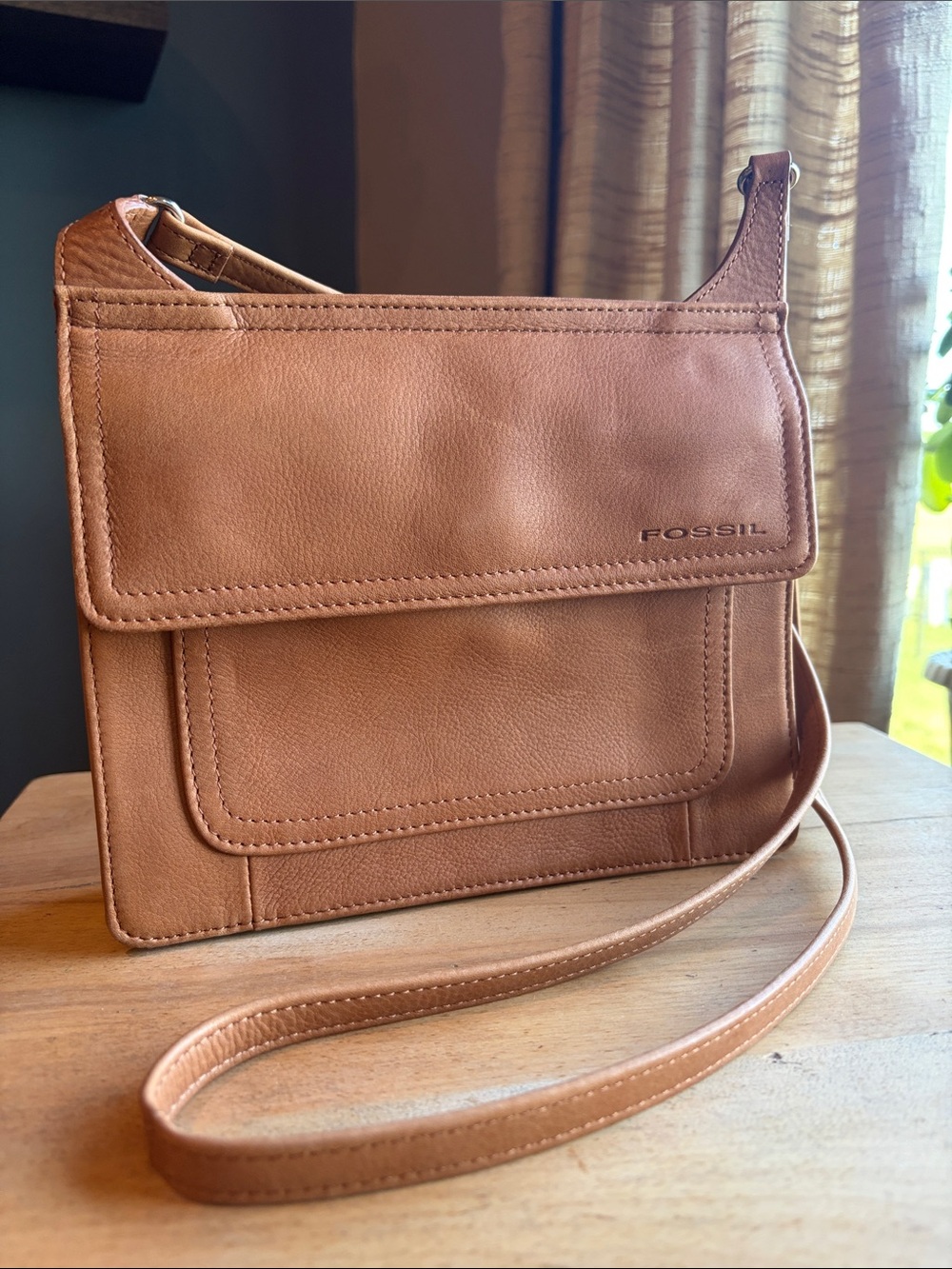 FOSSIL Vintage Pebbled Leather Shoulder Flap Bag Built-in Wallet Tan Organizer